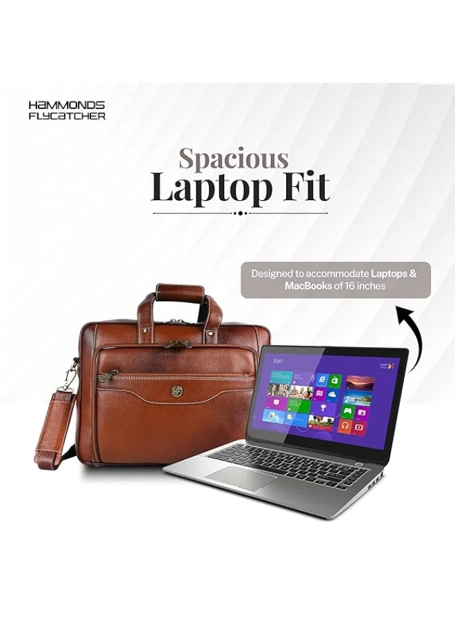 Hammonds Flycatcher  Genuine Leather Office Bag for Man with Trolley Strap - Laptop Bag for Men with 15.6 Inch Laptop Compartment - Adjustable Strap-LB168 TAN  | Best Price UAE
